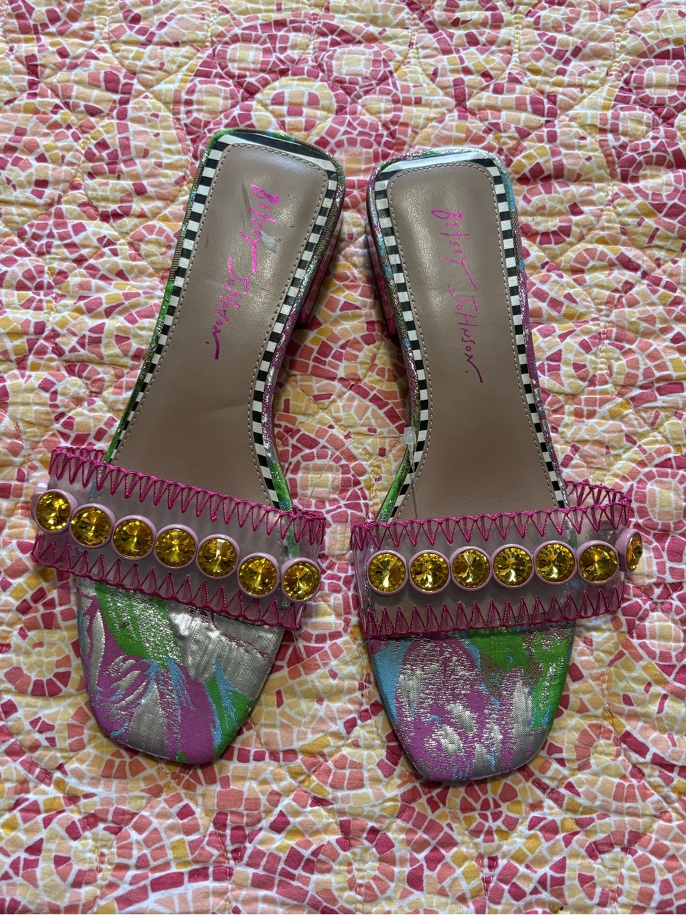 Betsey Johnson Multicolor Floral Rhinestone Flat Slide Sandals Size 7.5⁠